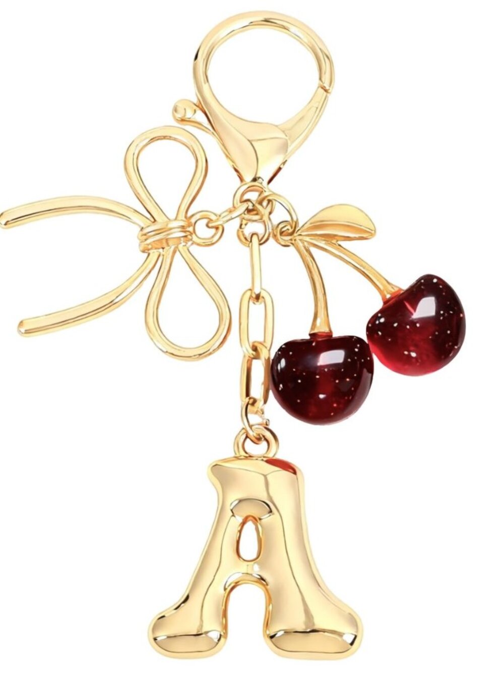 Bubble Initial Keychain with Bow & Cherry - Gold Letter Bag Charms for Women